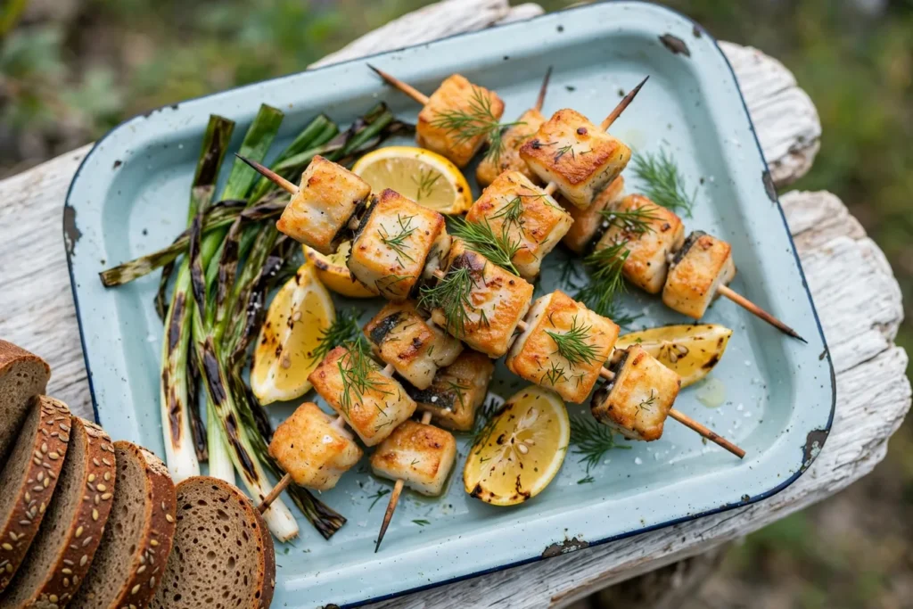 Grilled sturgeon skewers with lemon, dill, green onions, and rye bread.