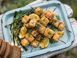 Grilled sturgeon skewers with lemon, dill, green onions, and rye bread.