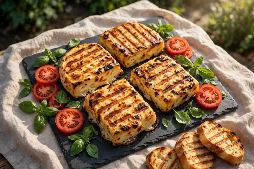 Grilled suluguni cheese skewers with golden marks, tomatoes, herbs, and bread.
