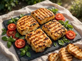 Grilled suluguni cheese skewers with golden marks, tomatoes, herbs, and bread.