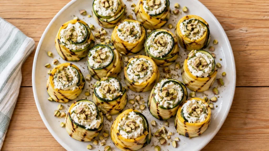 Grilled summer squash rolls filled with lemon ricotta and pistachios.