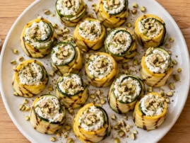 Grilled summer squash rolls filled with lemon ricotta and pistachios.