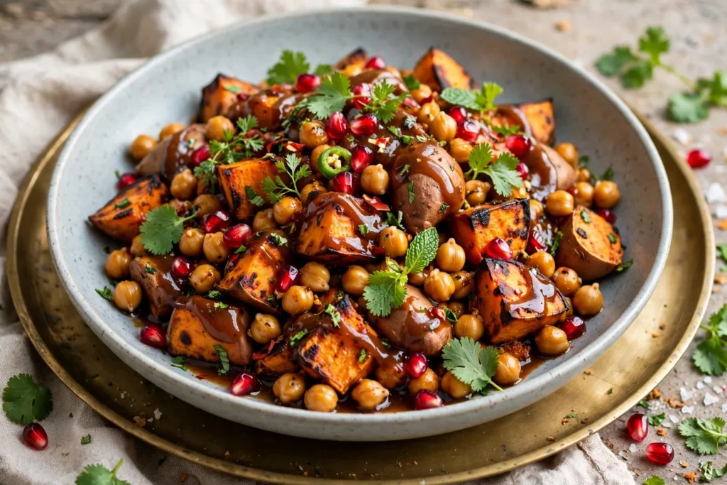 Grilled sweet potato chaat with chickpeas, herbs, and pomegranate.
