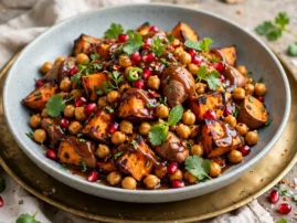 Grilled sweet potato chaat with chickpeas, herbs, and pomegranate.