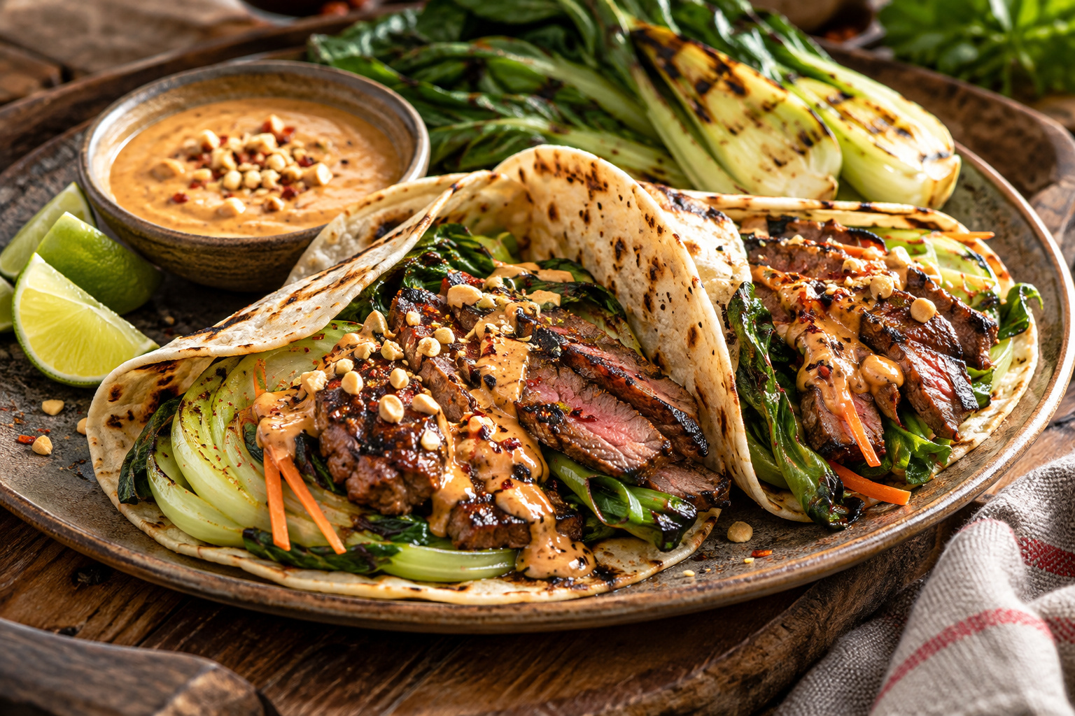 Grilled Szechuan Steak & Bok Choy Wraps with Spicy Peanut Mayonnaise