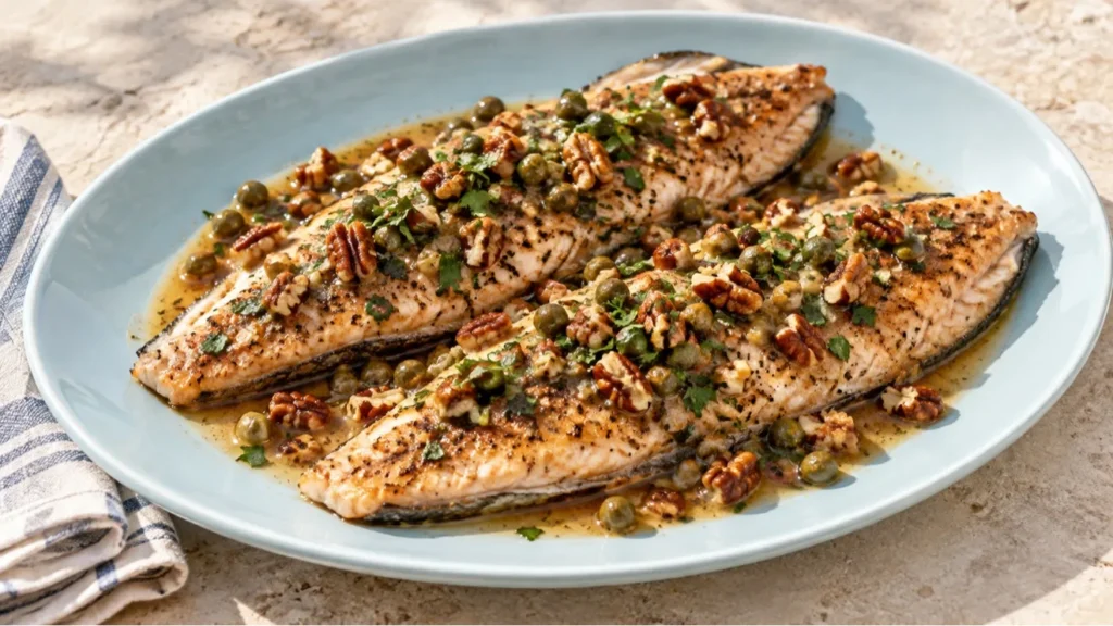 Grilled trout fillet with brown butter, capers, pecans, and parsley.