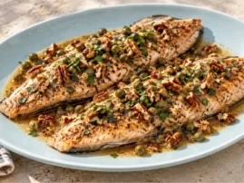 Grilled trout fillet with brown butter, capers, pecans, and parsley.