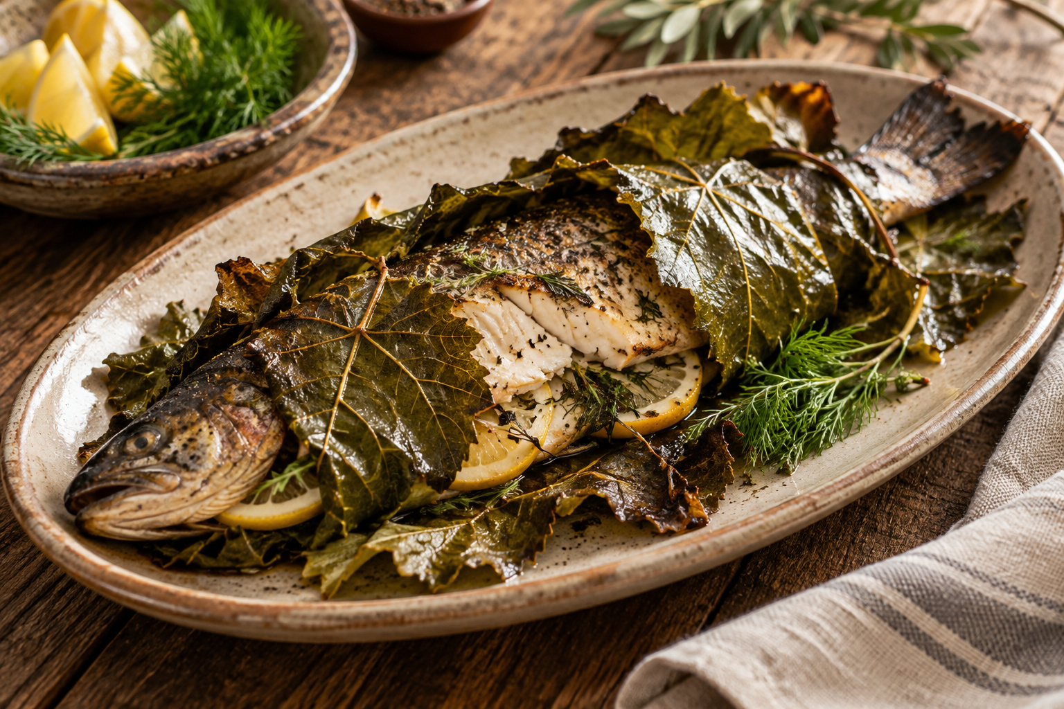 Grilled Trout in Grape Leaves