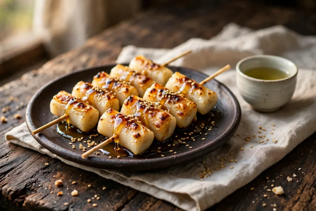Grilled tteok, Korean rice cakes, with honey and sesame seeds.