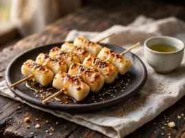 Grilled tteok, Korean rice cakes, with honey and sesame seeds.