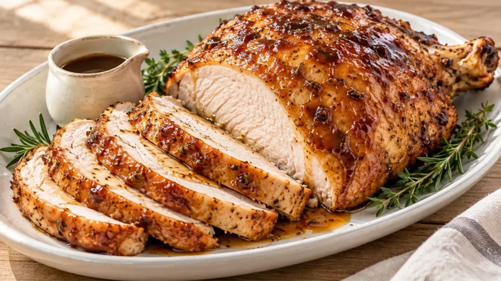 Grilled bone-in turkey breast with maple-bourbon glaze and thick slices of white meat on a platter.