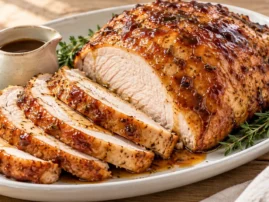 Grilled bone-in turkey breast with maple-bourbon glaze and thick slices of white meat on a platter.