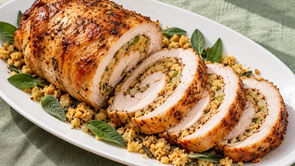 Sliced grilled turkey breast roulade with a spiral of sage cornbread dressing and golden skin.