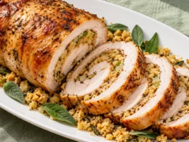 Sliced grilled turkey breast roulade with a spiral of sage cornbread dressing and golden skin.