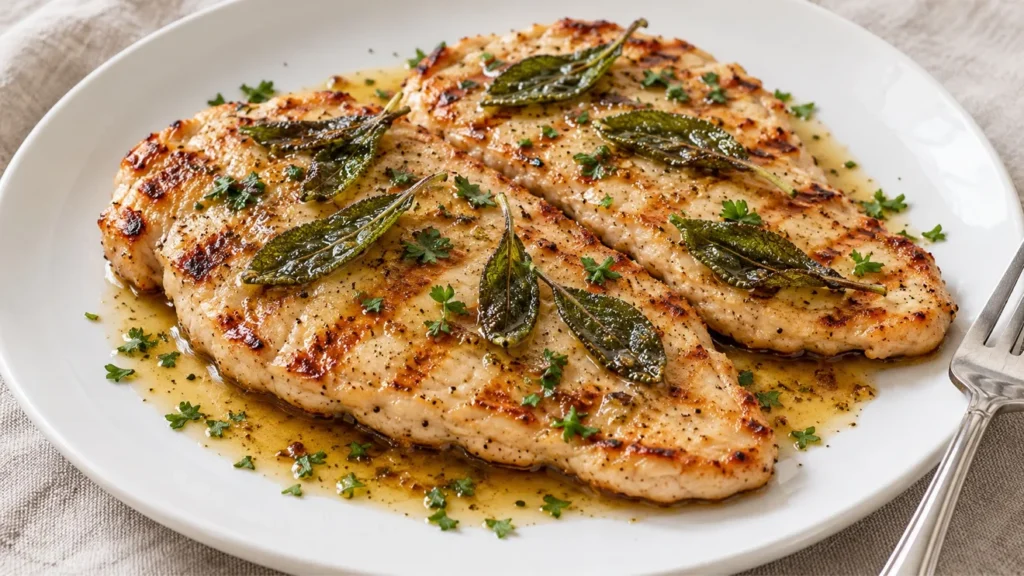 Grilled turkey cutlets topped with sage leaves and golden brown butter on a white plate.