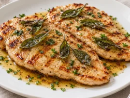 Grilled turkey cutlets topped with sage leaves and golden brown butter on a white plate.