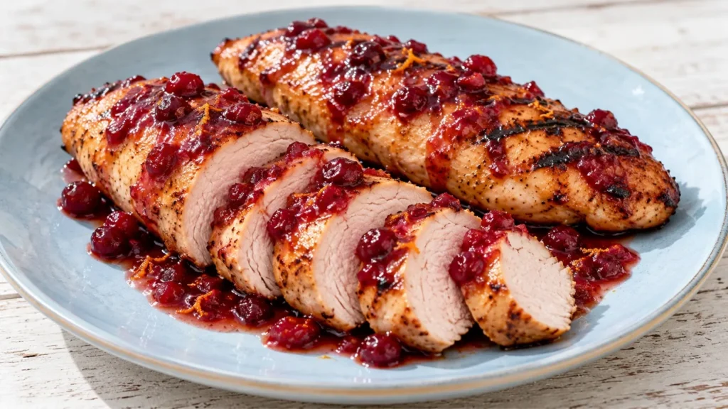 Sliced grilled turkey tenderloins topped with cranberry-orange glaze on a pale blue plate.