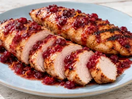 Sliced grilled turkey tenderloins topped with cranberry-orange glaze on a pale blue plate.