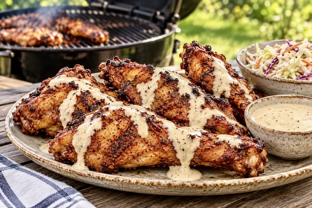 Grilled turkey wings drizzled with Alabama white sauce, with a bowl of sauce alongside.