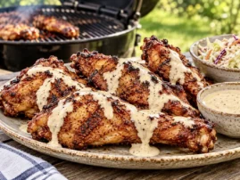 Grilled turkey wings drizzled with Alabama white sauce, with a bowl of sauce alongside.