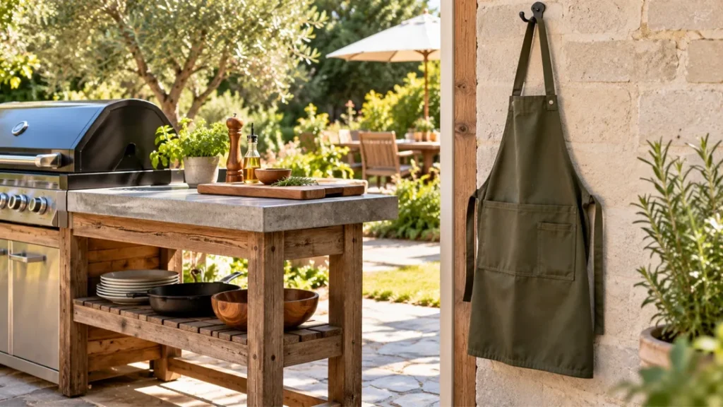 Olive-green grilling apron with a front pocket hanging on a wall hook beside an outdoor kitchen