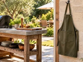 Olive-green grilling apron with a front pocket hanging on a wall hook beside an outdoor kitchen