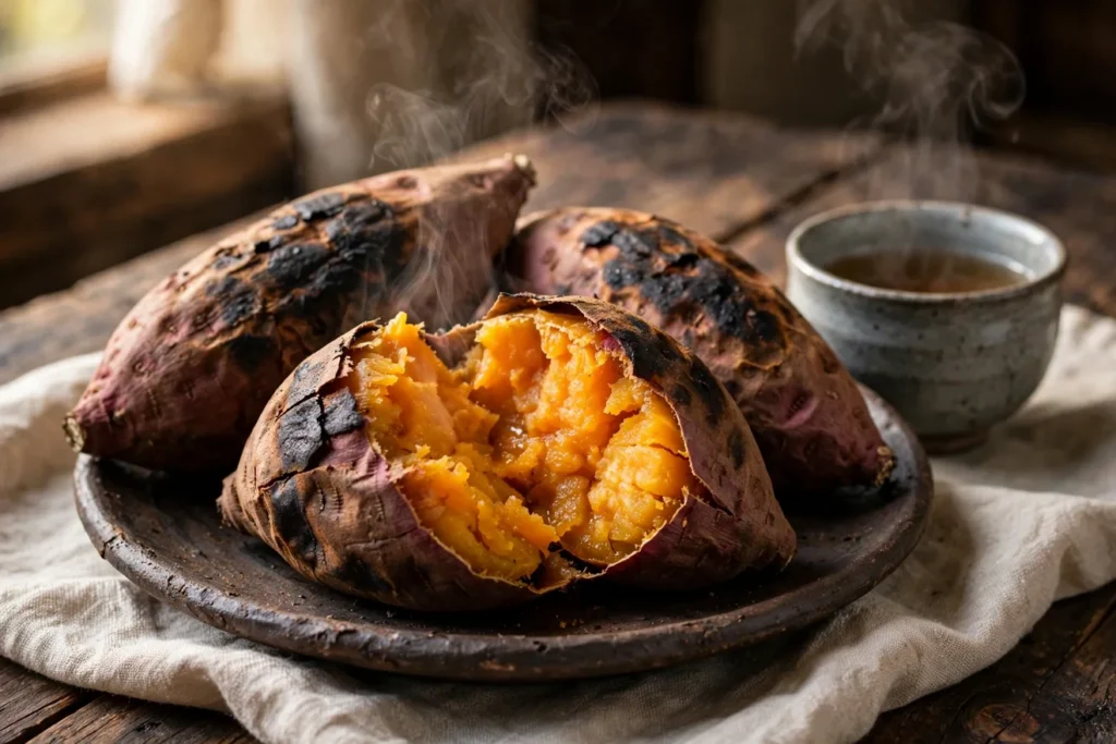 Gungoguma, Korean grilled sweet potatoes, split open with custardy flesh.