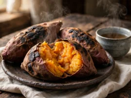 Gungoguma, Korean grilled sweet potatoes, split open with custardy flesh.