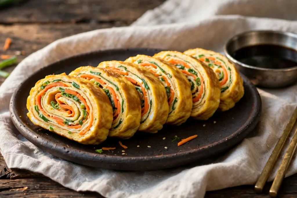 Gyeran mari, Korean rolled omelette, sliced with carrot and scallions.