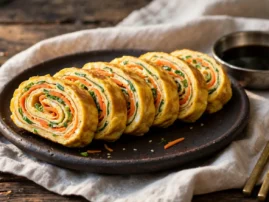 Gyeran mari, Korean rolled omelette, sliced with carrot and scallions.