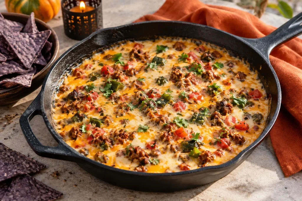 Grilled chorizo queso with charred poblano and blue corn tortilla chips.