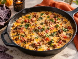 Grilled chorizo queso with charred poblano and blue corn tortilla chips.