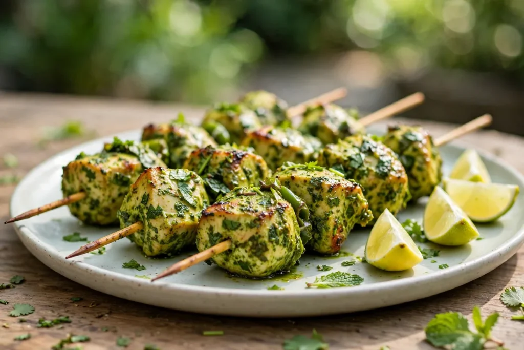 Hariyali chicken tikka skewers coated in mint and cilantro marinade.