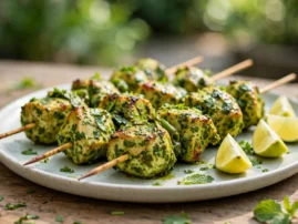 Hariyali chicken tikka skewers coated in mint and cilantro marinade.