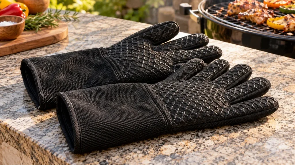 Pair of black heat-resistant grill gloves on a granite counter with a kettle grill cooking in the background