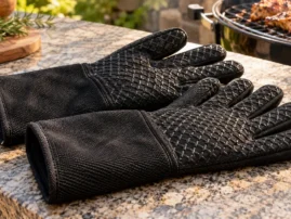 Pair of black heat-resistant grill gloves on a granite counter with a kettle grill cooking in the background