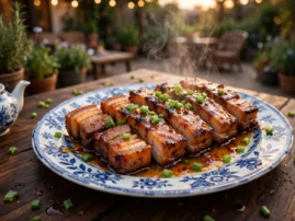 Honey-chile grilled pork belly slices with a sticky glaze and crisp edges.