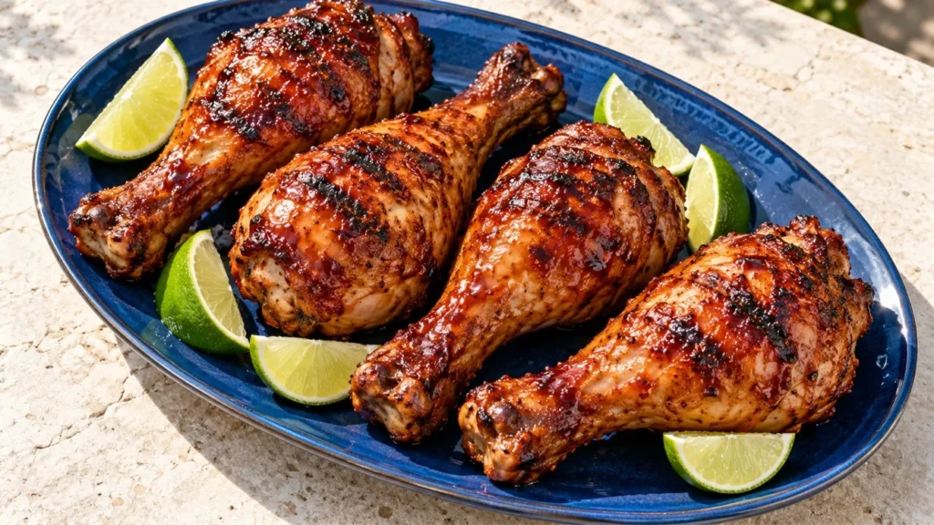 Honey-chipotle grilled turkey legs with glossy glaze and fresh lime wedges on a blue platter.