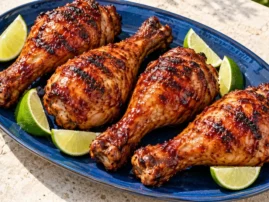 Honey-chipotle grilled turkey legs with glossy glaze and fresh lime wedges on a blue platter.