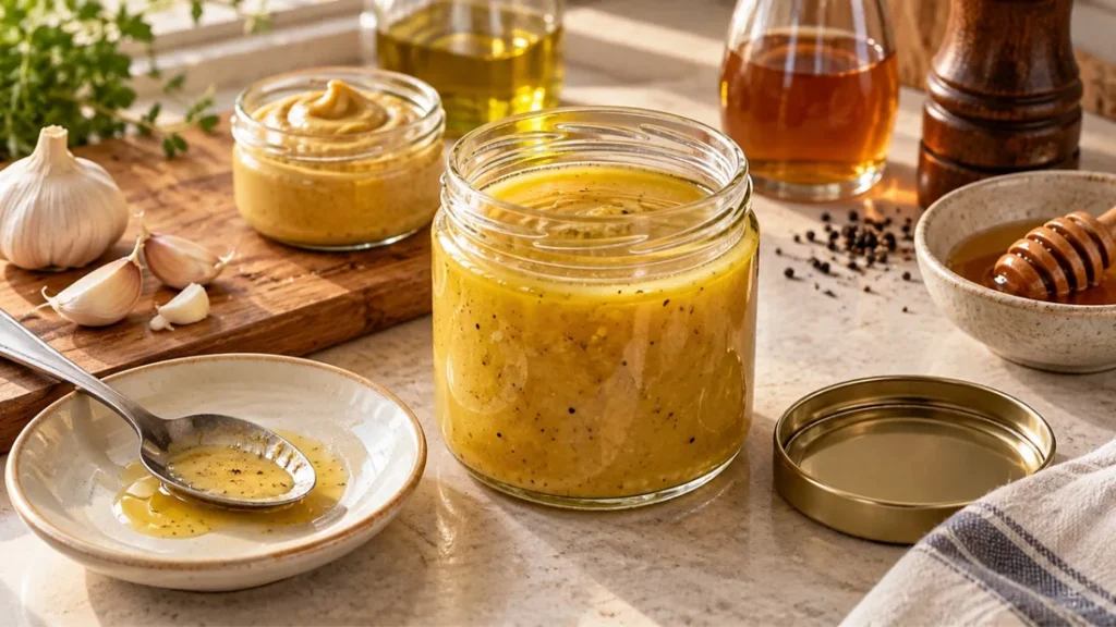Jar of honey Dijon marinade with a bowl of honey, garlic and a small jar of Dijon mustard beside it
