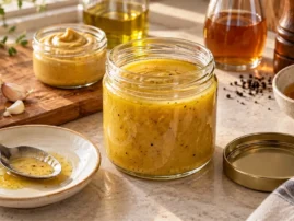 Jar of honey Dijon marinade with a bowl of honey, garlic and a small jar of Dijon mustard beside it