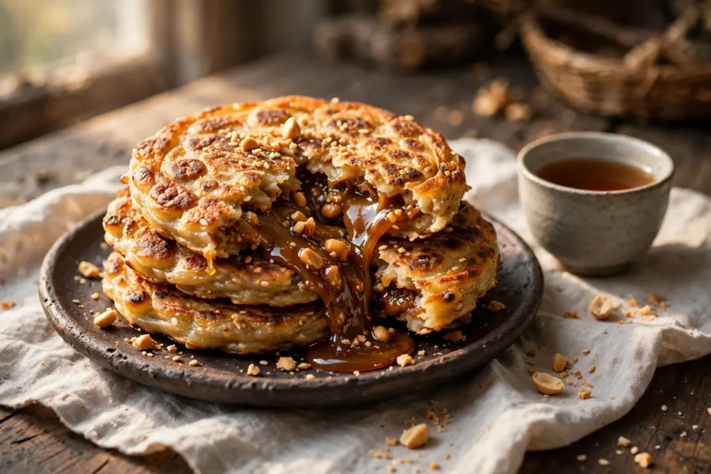 Hotteok, Korean sweet filled pancakes, with brown sugar and cinnamon.