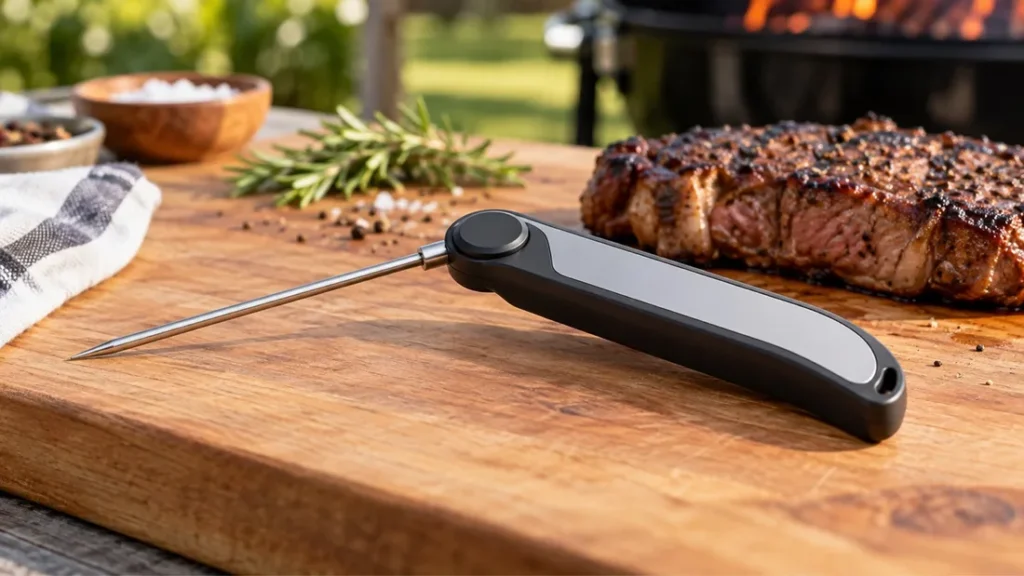 Instant-read food thermometer with its probe unfolded, on a cutting board beside a grilled steak