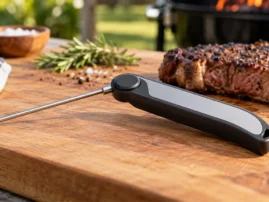 Instant-read food thermometer with its probe unfolded, on a cutting board beside a grilled steak