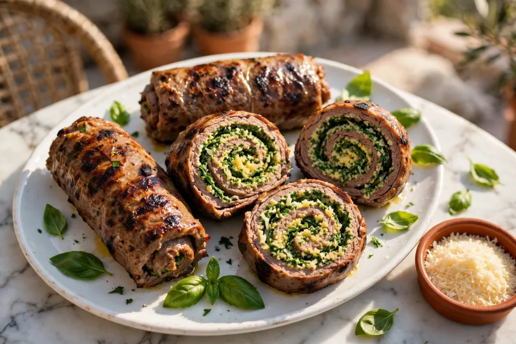 Involtini di manzo, stuffed Italian beef rolls, grilled and sliced with herbs.