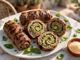 Involtini di manzo, stuffed Italian beef rolls, grilled and sliced with herbs.