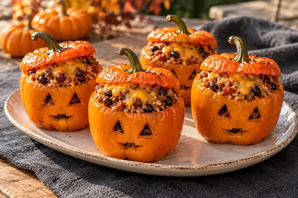 Grilled orange jack-o’-lantern peppers stuffed with beef, rice, beans, and cheddar.