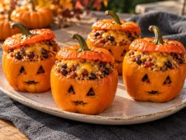 Grilled orange jack-o’-lantern peppers stuffed with beef, rice, beans, and cheddar.