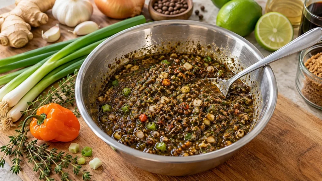Bowl of Jamaican-inspired jerk marinade surrounded by scallions, a Scotch bonnet pepper, ginger, thyme and limes