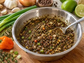 Bowl of Jamaican-inspired jerk marinade surrounded by scallions, a Scotch bonnet pepper, ginger, thyme and limes